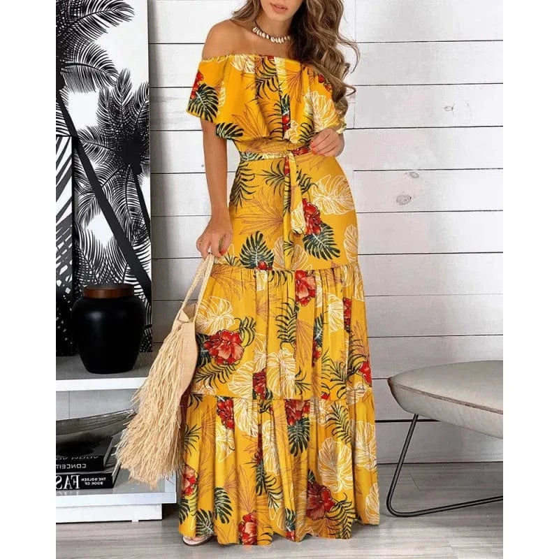 S / 1 High Quality Summer Casual Explosive Skirt Falbala Off-the-shoulder Lace Printed Dress for Women