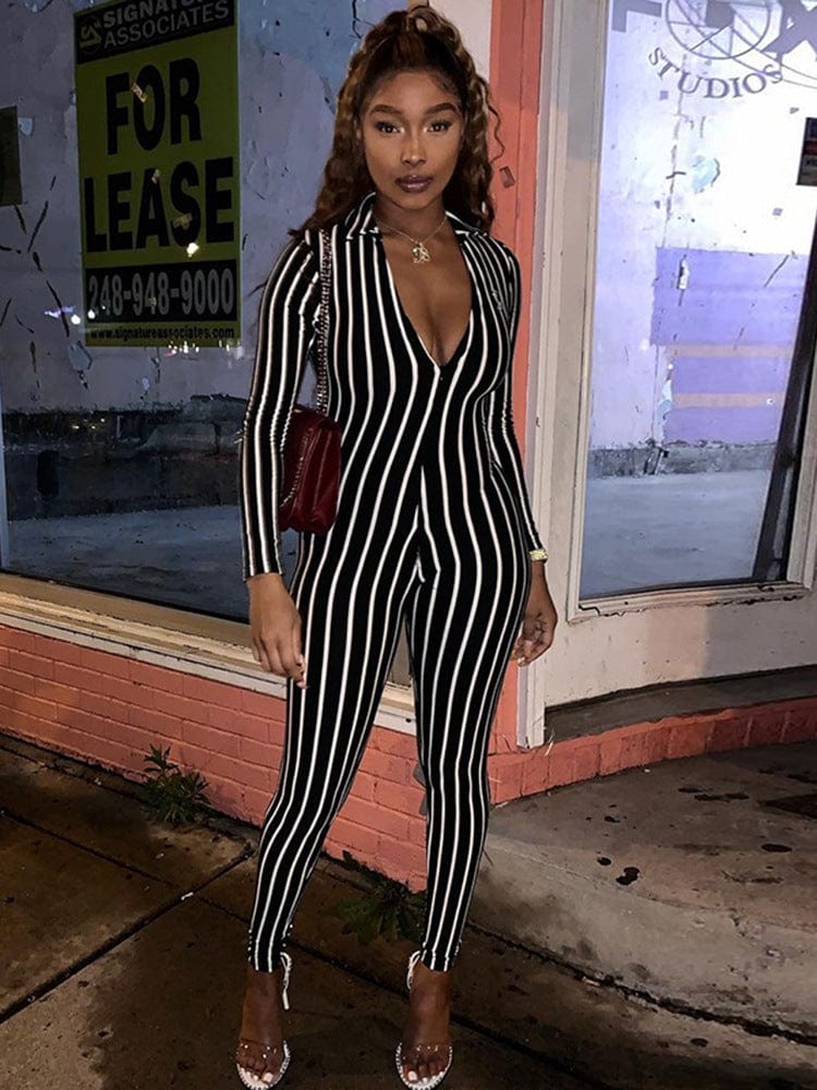 S / 101 Fashion Long Sleeve Stripe Jumpsuit For Women Romper Skinny Contrast Zipper Bodycon One Piece Set