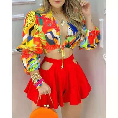 S / 2 Coldker Women Two Piec Set Print Deep V Neck Colorblock Lantern Sleeve Croop Top & Cutout Plain Shorts Set