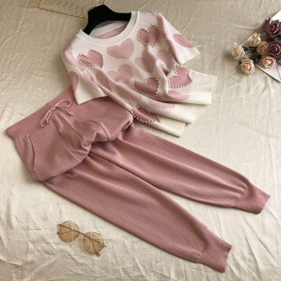 S / 2 New Arrival Beaded Heart Shape Short-Sleeved Sweater + Elastic Waist Pants Women Sweet 2pcs Suit Ladies Clothing Set