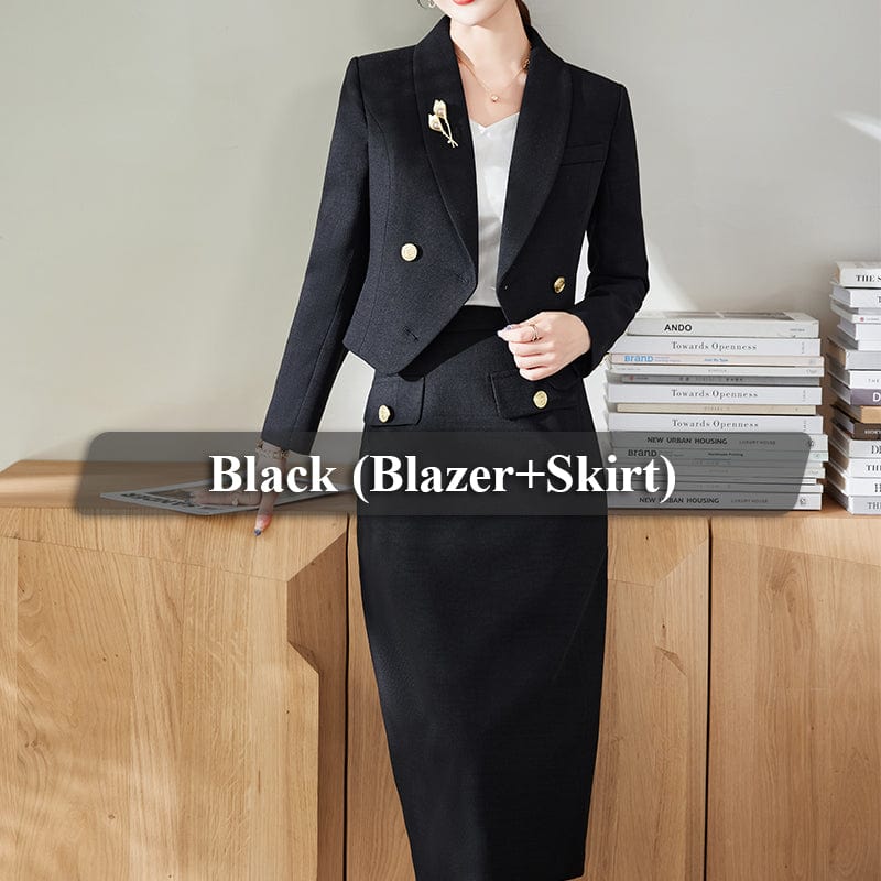 S / 2 Piece black skirt Suit OEM Wholesale 2 Piece Solid Set for Women Business Office Lady Work Wear Double Breasted Clothes Short Blazer with Skirt