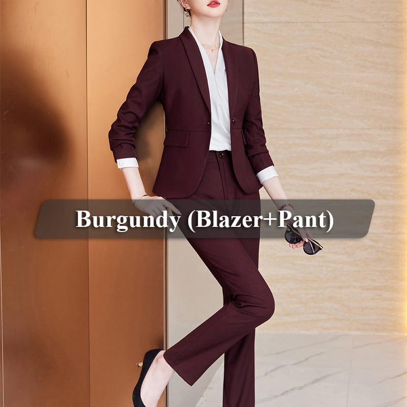 S / 2 Piece Burgundy Suit Wholesale High-quality Women Suits 2 Piece Pant Suit Fashion Business Work Clothes Office Lady Elegant Blazer and Trouser