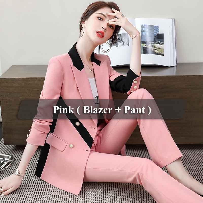 S / 2 Piece Pink Pant Suit High Street Fashion Style 2 Piece Suit Set for Women Colorful Candy Color Contrast Pant Suits Office Lady Blazer with Trouser