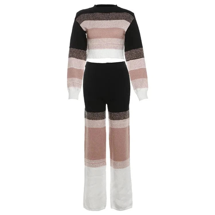 S / 2 piece set Contrast Color Knitted 2 Piece Set Women Casual Long Sleeve O-neck Crop Tops+High Waist Straight Pants Female Outfit