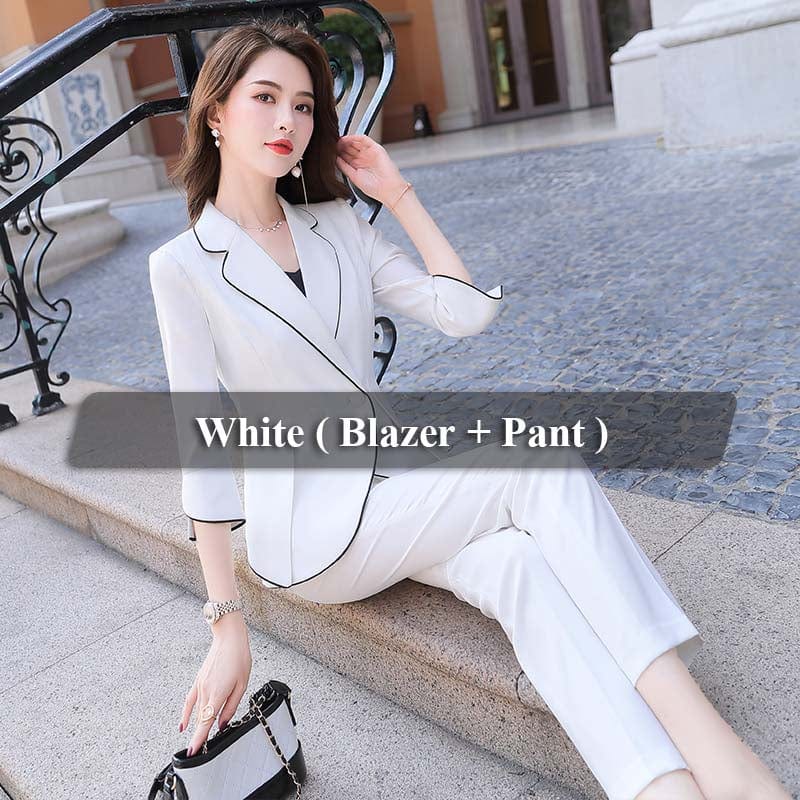 S / 2 Piece White Suits 2 Pieces Suit Set Pant Suit Half-sleeve Binding Striped Blazer with Trouser Summer Fashion Style Office Lady Women Work Wear