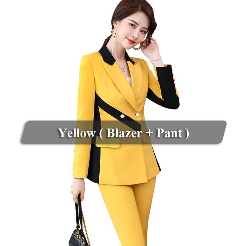 S / 2 Piece Yellow Pant Suit High Street Fashion Style 2 Piece Suit Set for Women Colorful Candy Color Contrast Pant Suits Office Lady Blazer with Trouser