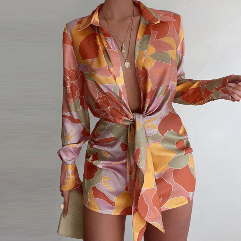 S / 2 Printed Lace Up Office Ladies Shirt Dress Women Vintage Long Sleeve Turn Down Collar Sexy Slim Mini Robe 2023 Summer Sundress