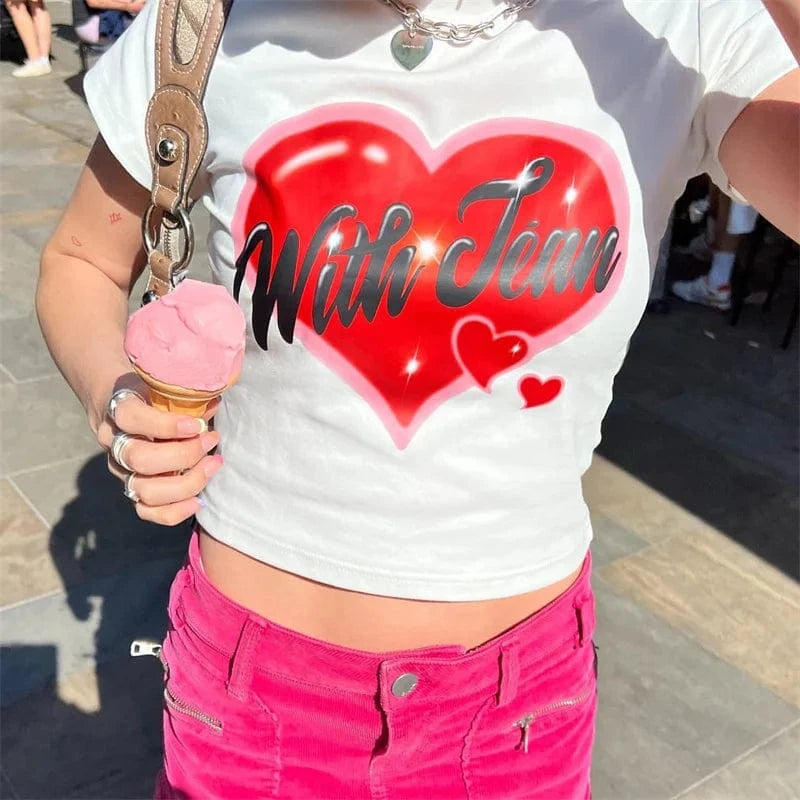 S / 23TP121202 24 / 100% Cotton CUTENOVA 23TP121202 Letter Printed Y2K  Fashion 100% Cotton Girls Short Sleeve Streetwear Crop Top T Shirt Women 2024
