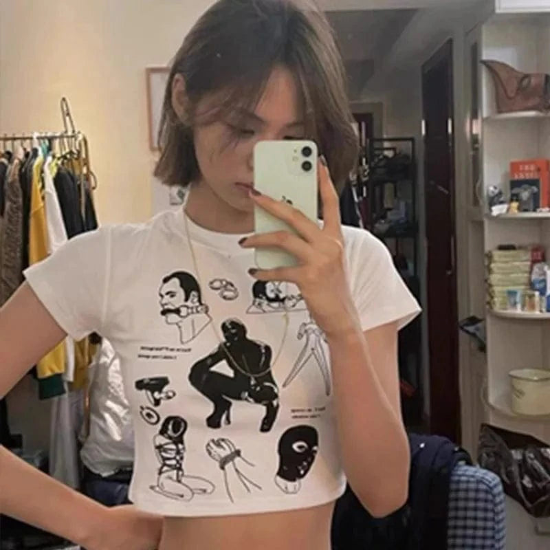 S / 23TP121202 28 / 100% Cotton CUTENOVA 23TP121202 Letter Printed Y2K  Fashion 100% Cotton Girls Short Sleeve Streetwear Crop Top T Shirt Women 2024