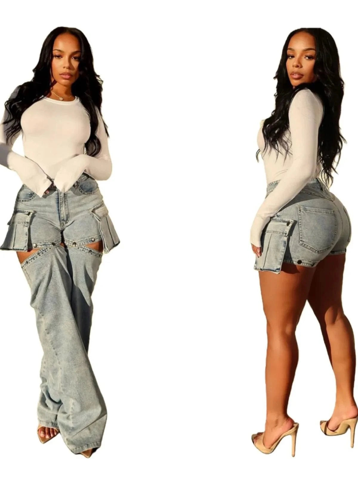 S / 24PT010307 blue CUTENOVA 24PT010307 Fashion Streetwear Pockets Removable Jean Shorts Cargo Women Denim Wide Leg Pants For Ladies