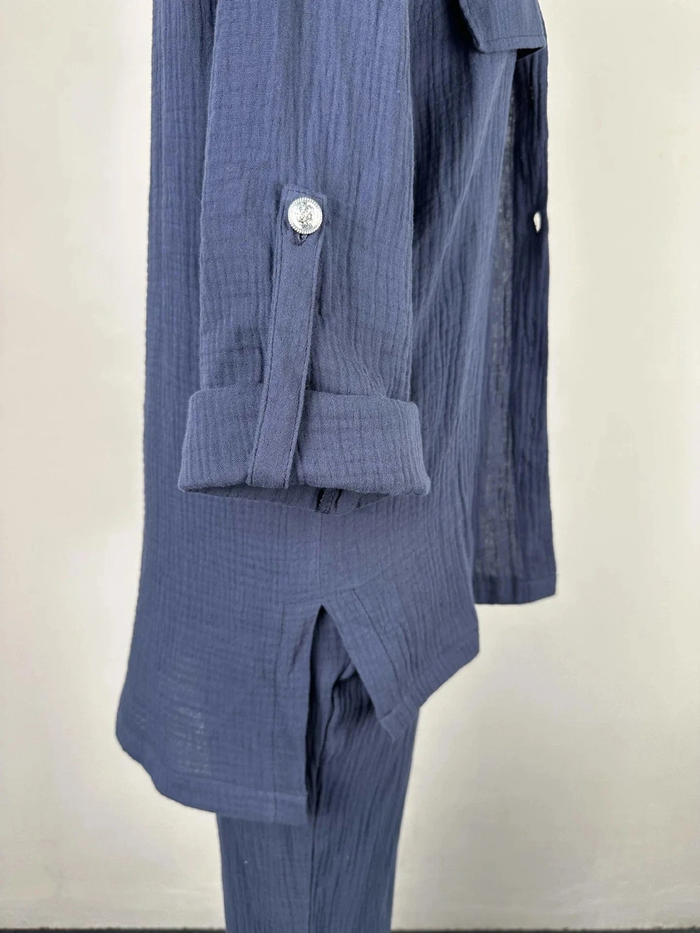 S-2XL New Double layered Crepe Loose Large Lapel Long sleeved Shirt Casual Set