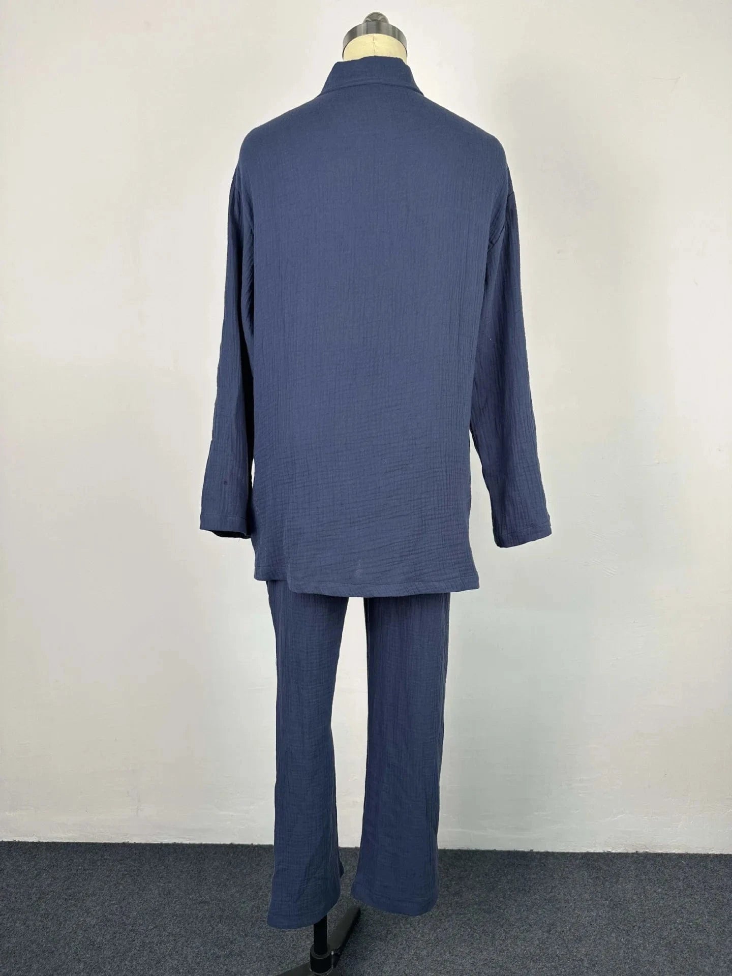 S-2XL New Double layered Crepe Loose Large Lapel Long sleeved Shirt Casual Set