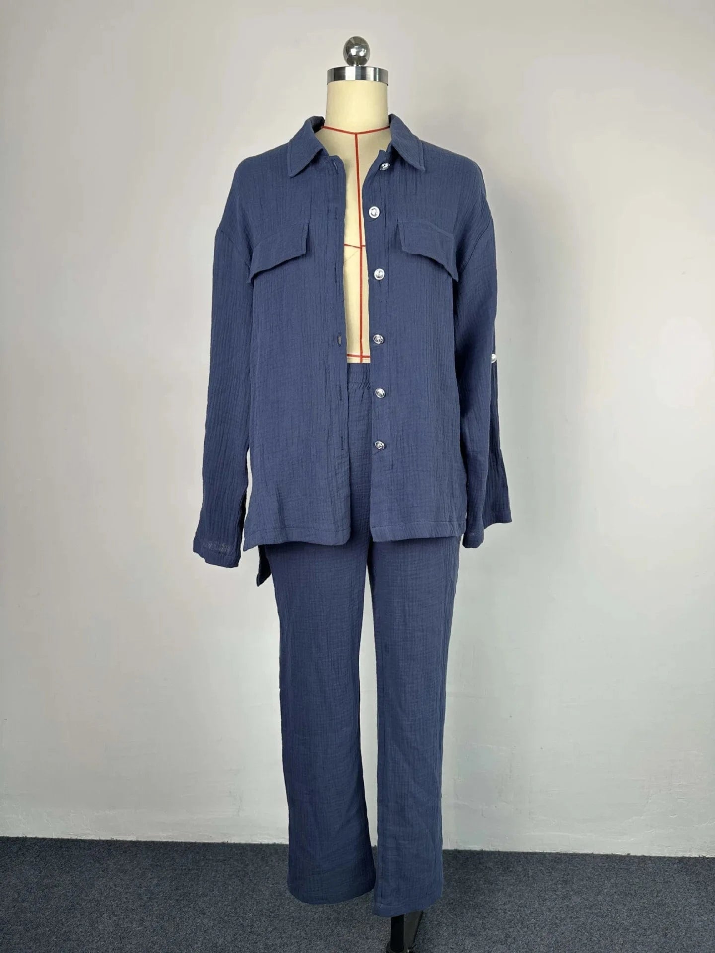 S-2XL New Double layered Crepe Loose Large Lapel Long sleeved Shirt Casual Set