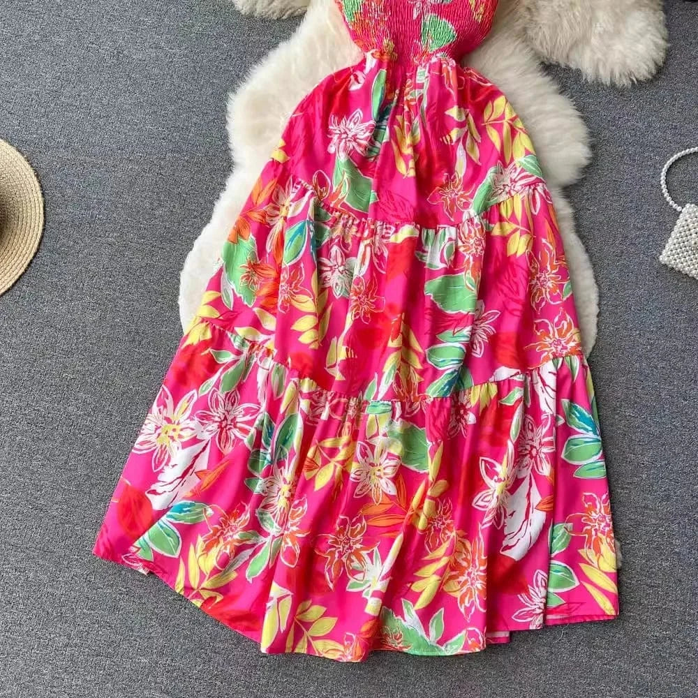 S-2XL Tourism vacation Summer new strapless waist cinching large hem printed dress