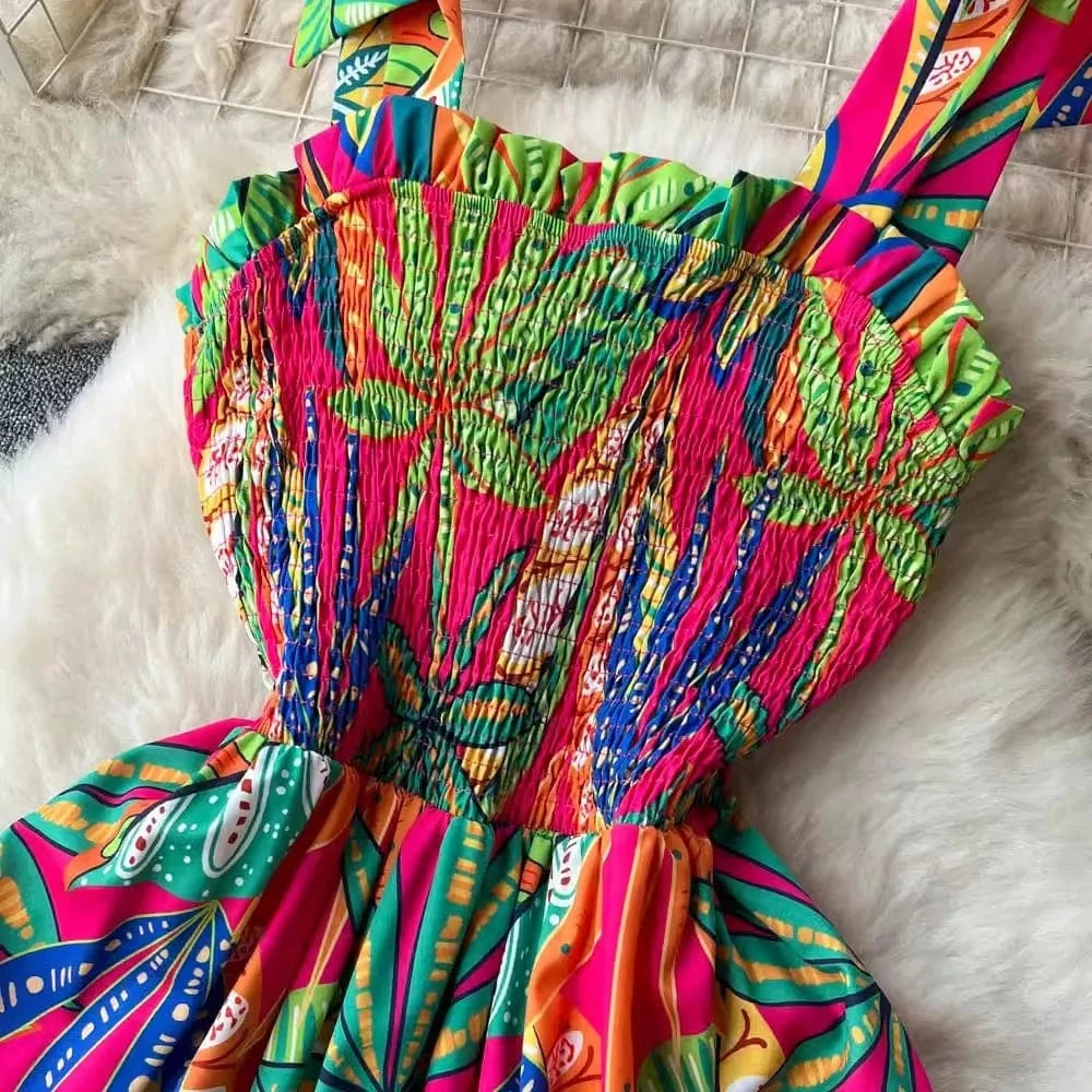 S-2XL Tourism vacation Summer new strapless waist cinching large hem printed dress