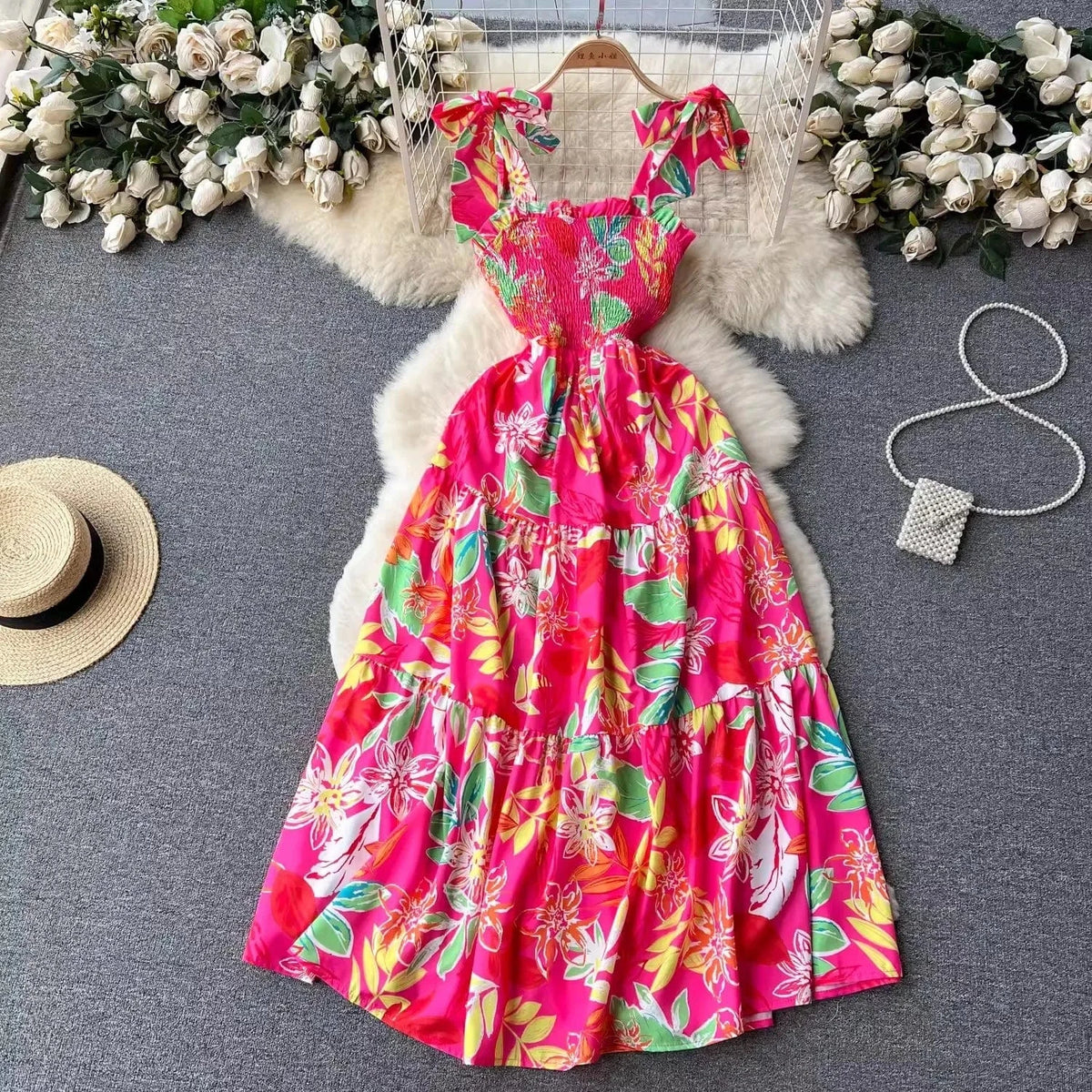 S-2XL Tourism vacation Summer new strapless waist cinching large hem printed dress