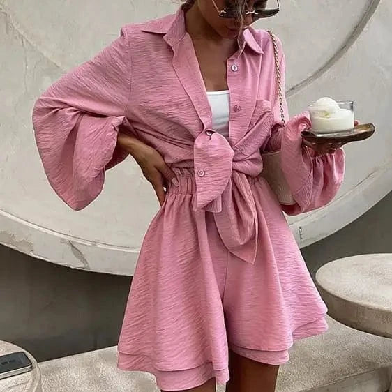 S-2XL Women's casual suit Autumn New Style Solid Color Bubble Sleeve Shirt Wide Leg Shorts Set