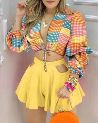 S / 3 Coldker Women Two Piec Set Print Deep V Neck Colorblock Lantern Sleeve Croop Top & Cutout Plain Shorts Set