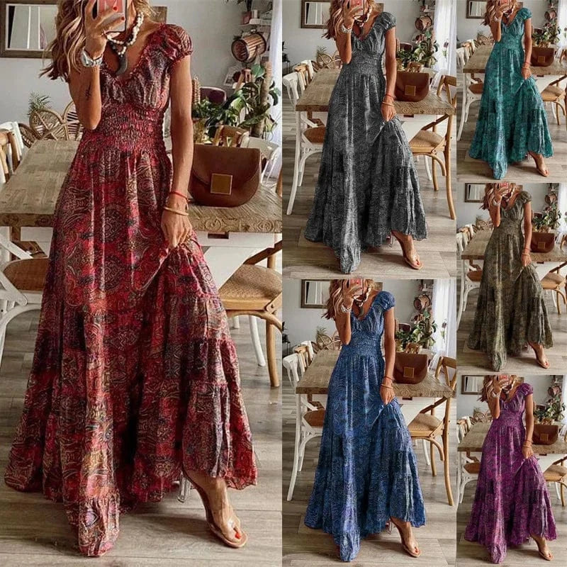 S-3XL Bohemian style new dress long skirt with waist cinched floral print large hem dress