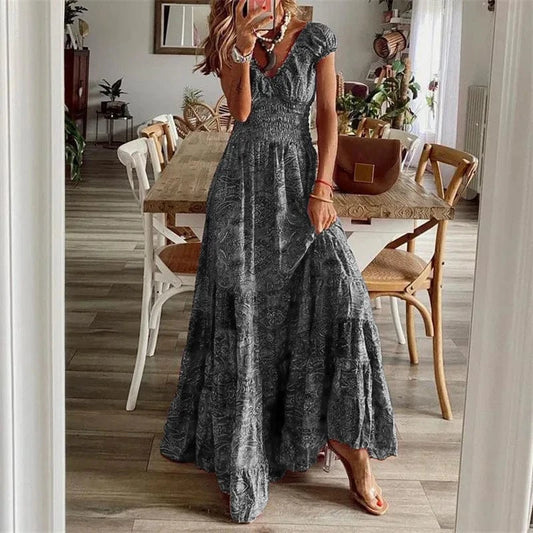 S-3XL Bohemian style new dress long skirt with waist cinched floral print large hem dress