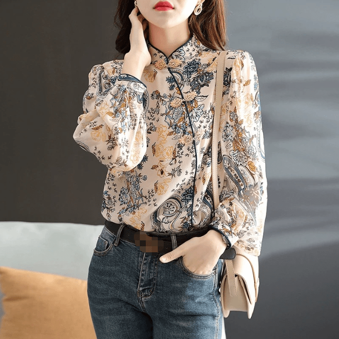 S-3XL Retro Chinese Standing Collar Button Top for Women's Spring and Autumn New Fashion High end Long Sleeve Printed Shirt