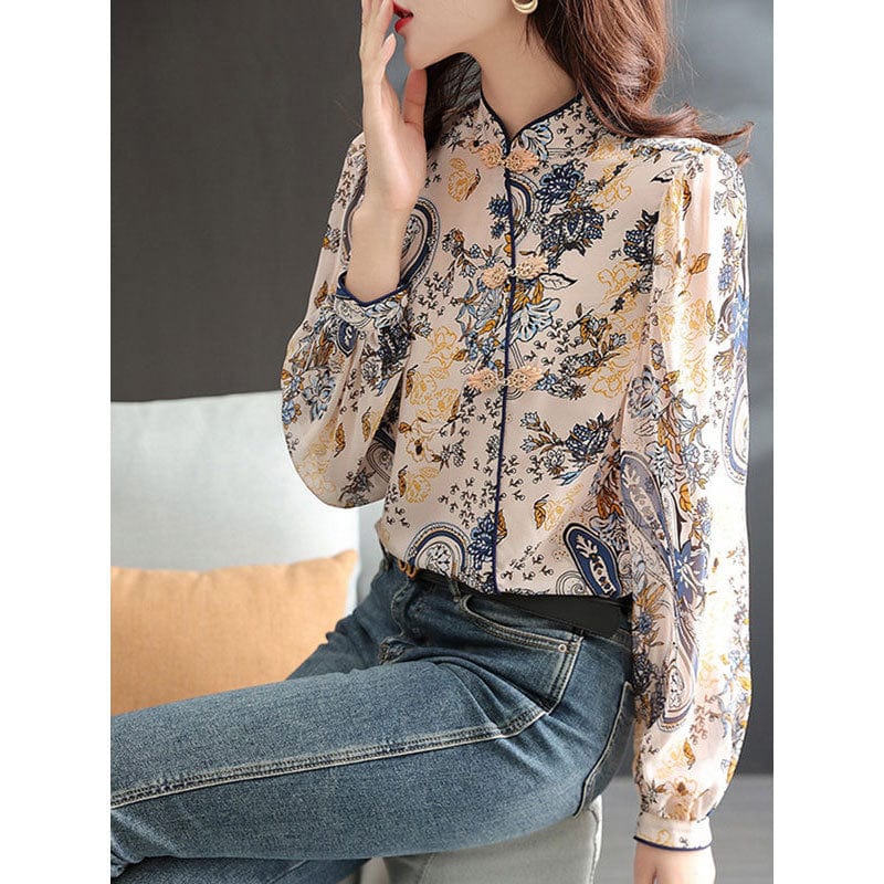 S-3XL Retro Chinese Standing Collar Button Top for Women's Spring and Autumn New Fashion High end Long Sleeve Printed Shirt