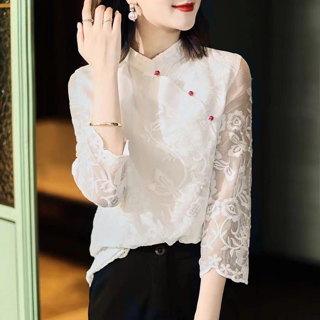 S-3XL Spring Summer New Vintage Chinoiserie Delicate Embroidery Contrast Button Cheongsam Shirt Versatile Top