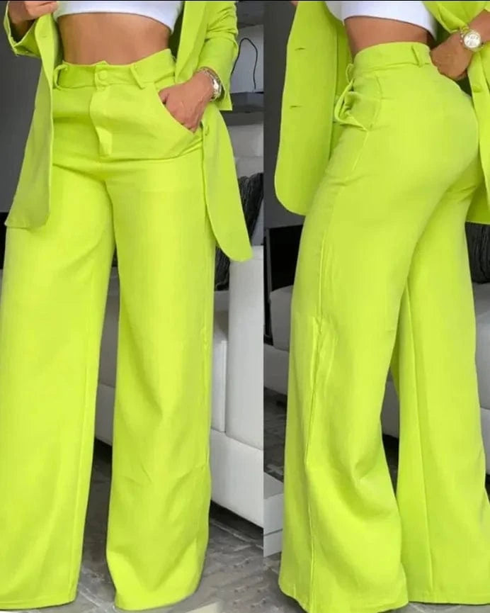 S-3XL Women's Elegant and Elegant Solid Color Split Sleeve Flip Collar Suit Pocket Straight leg Trouser Set