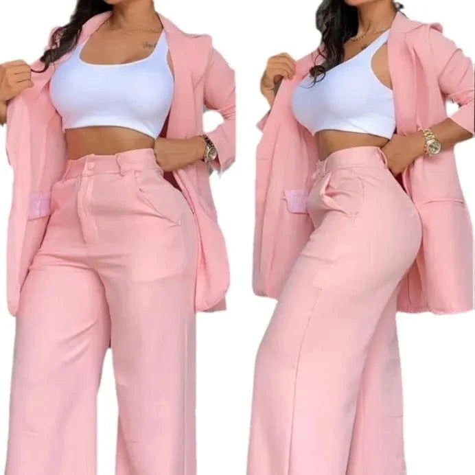 S-3XL Women's Elegant and Elegant Solid Color Split Sleeve Flip Collar Suit Pocket Straight leg Trouser Set