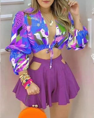 S / 4 Coldker Women Two Piec Set Print Deep V Neck Colorblock Lantern Sleeve Croop Top & Cutout Plain Shorts Set