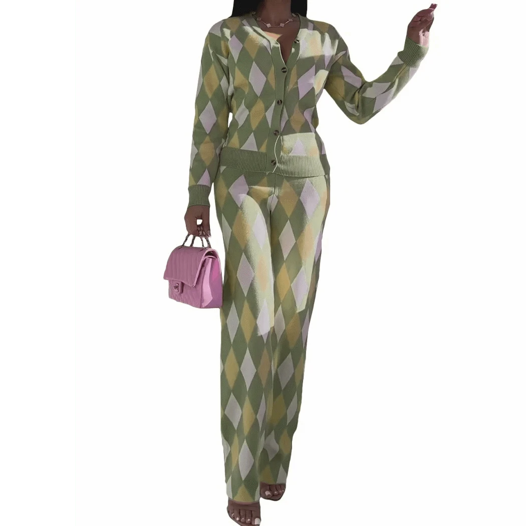 S-4XL 2023 Women Elegant Fall Loungewear Knitted Cardigan Long Sleeve Top And Pants 2 Piece Sets