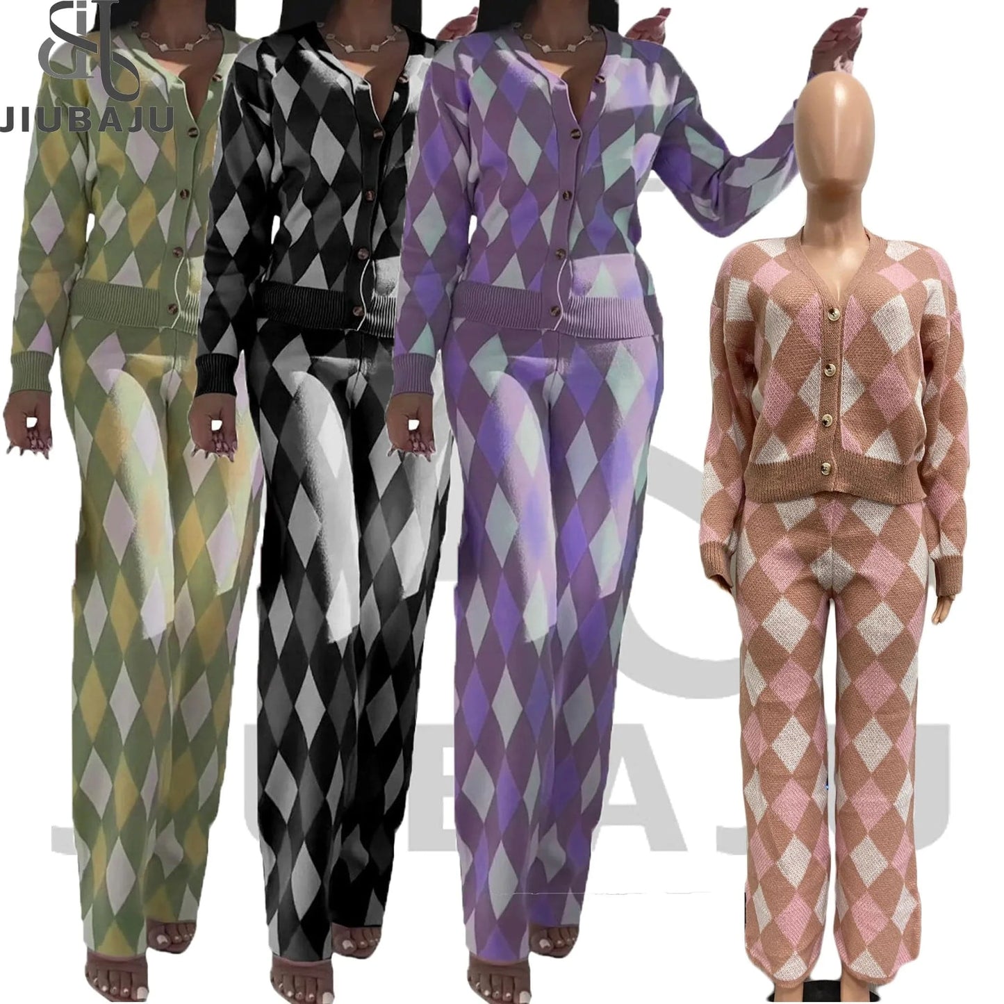 S-4XL 2023 Women Elegant Fall Loungewear Knitted Cardigan Long Sleeve Top And Pants 2 Piece Sets