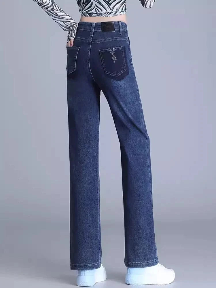 S-4XL Blue High Waist denim straight leg pants loose casual drape wide leg pants