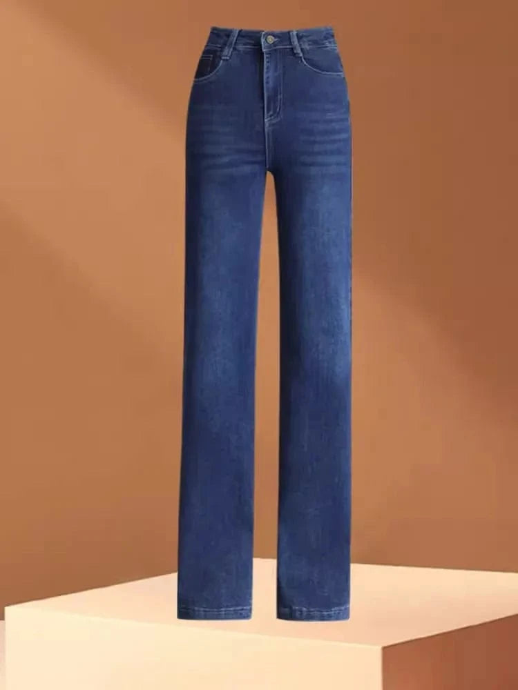 S-4XL Blue High Waist denim straight leg pants loose casual drape wide leg pants