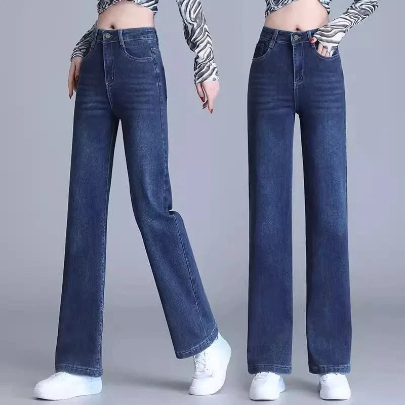 S-4XL Blue High Waist denim straight leg pants loose casual drape wide leg pants