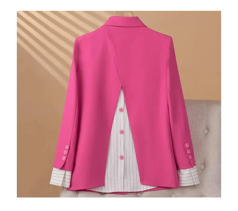 S-4XL contrasting color lazy style sweet cool women's jacket Back slit design striped patchwork small suit