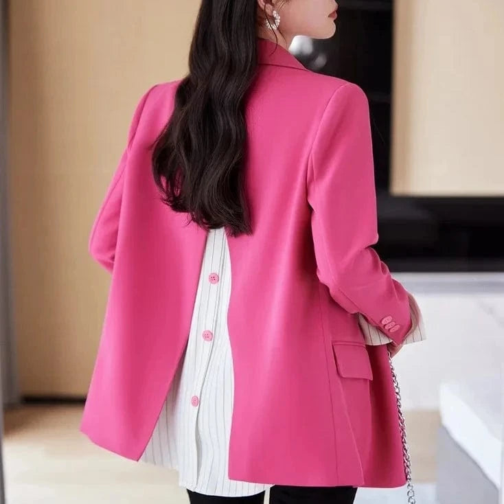 S-4XL contrasting color lazy style sweet cool women's jacket Back slit design striped patchwork small suit