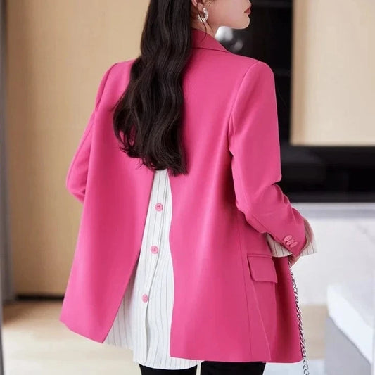 S-4XL contrasting color lazy style sweet cool women's jacket Back slit design striped patchwork small suit