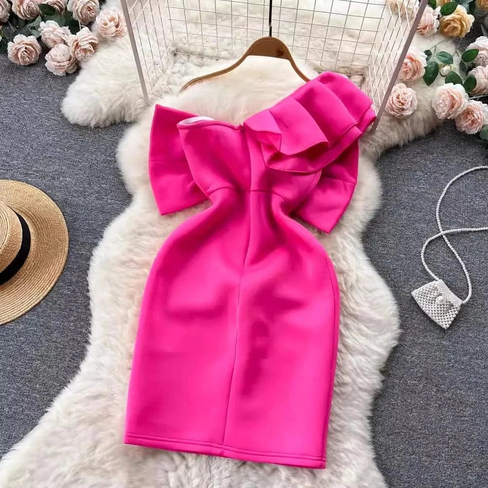 S-4XL Sexy Pure Desire Wind Irregular Three Dimensional Bow Tie Single Shoulder Diagonal Neck Bra Wrap Hip Dress