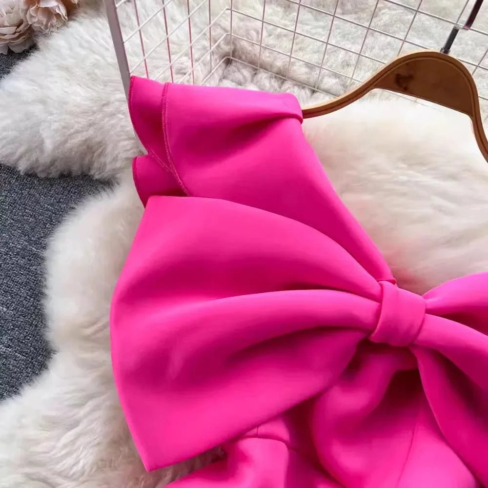 S-4XL Sexy Pure Desire Wind Irregular Three Dimensional Bow Tie Single Shoulder Diagonal Neck Bra Wrap Hip Dress