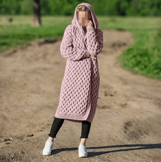 S-5XL Autumn and Winter Warm New Solid Color Fashion Women's Long Knitted Sweater Hooded Cardigan Coat