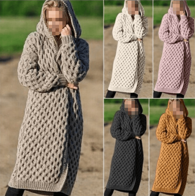 S-5XL Autumn and Winter Warm New Solid Color Fashion Women's Long Knitted Sweater Hooded Cardigan Coat