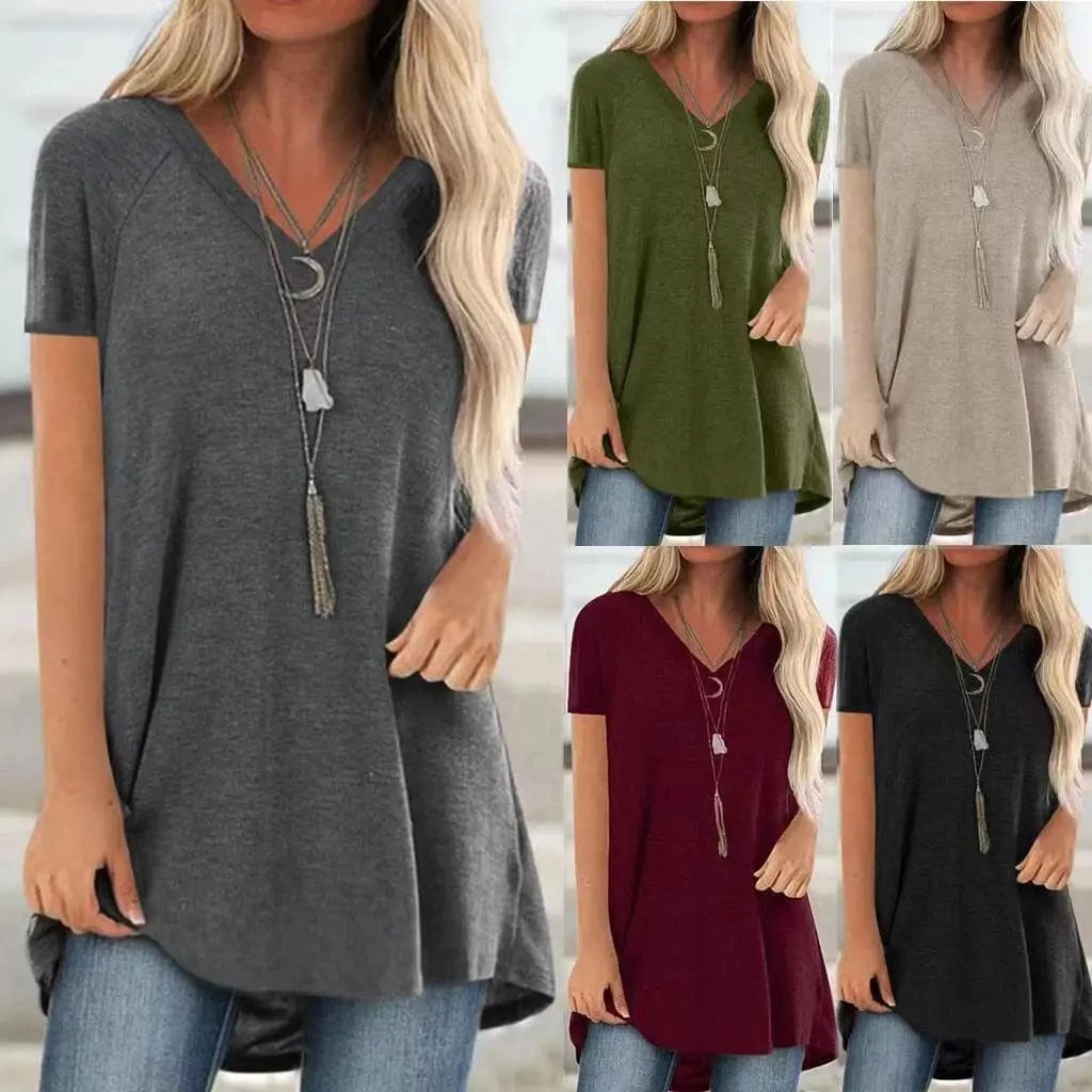 S-5XL Women's Cool Summer Solid Multi Color Top V-neck short sleeved shirt