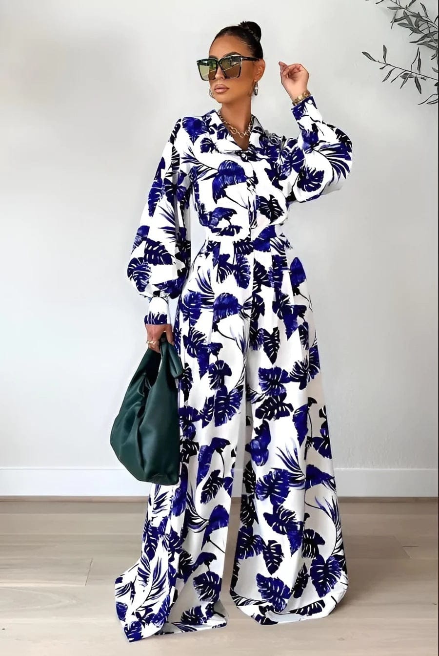 S / 6 Fall Custom Casual Printed Long Sleeve Shirts Blouse Tops Wide Leg Pants Women Two Piece Outfits Set