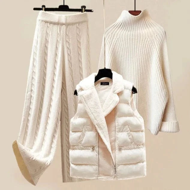 S / apricot 2024 New Women's Thickened Vest High Neck Knitted Sweater Wide Leg Pants Three Piece Set for Autumn and Winter