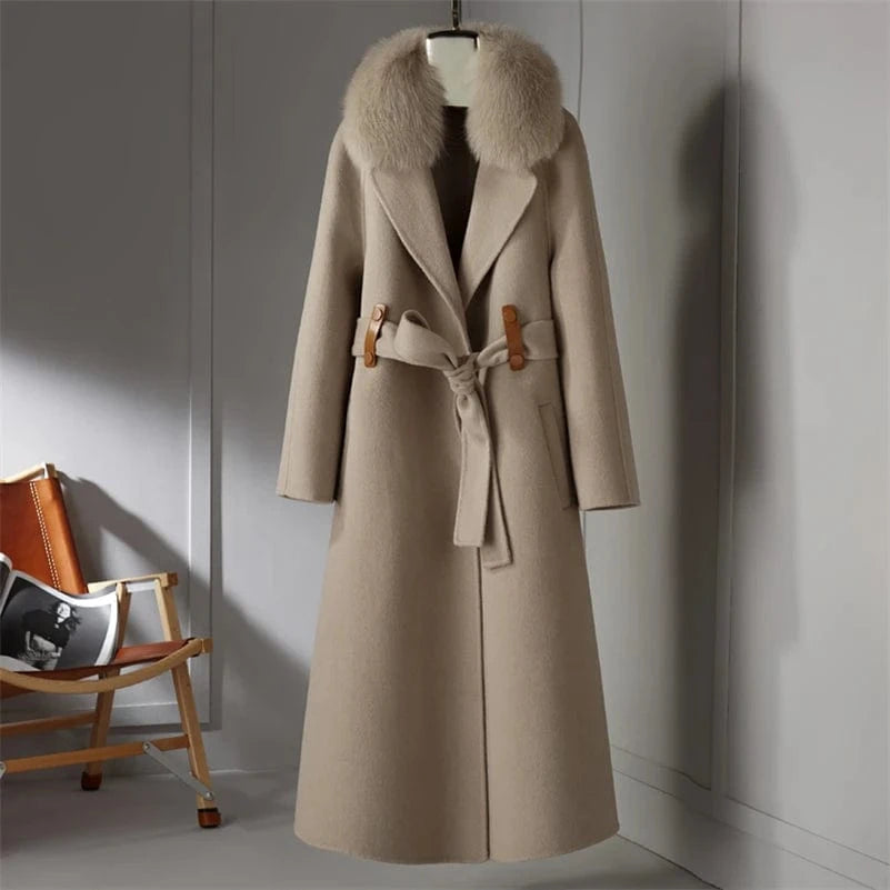 S / apricot 21173 Women 90% wool blends Long coat jacket with real fox fur collar overcoats jackets Trench