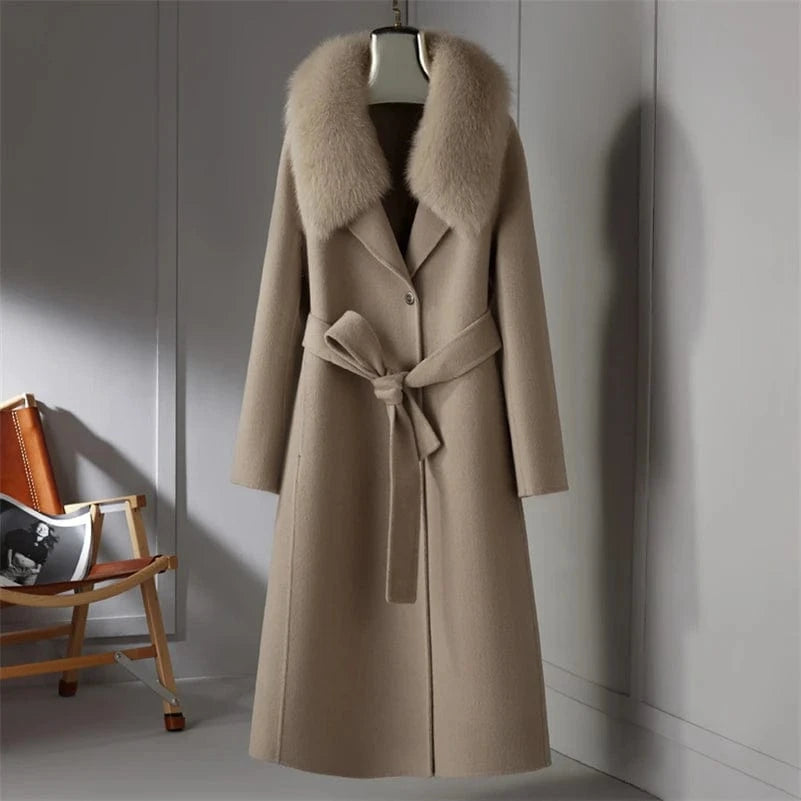 S / apricot 21181 Women 90% wool blends Long coat jacket with real fox fur collar overcoats jackets Trench