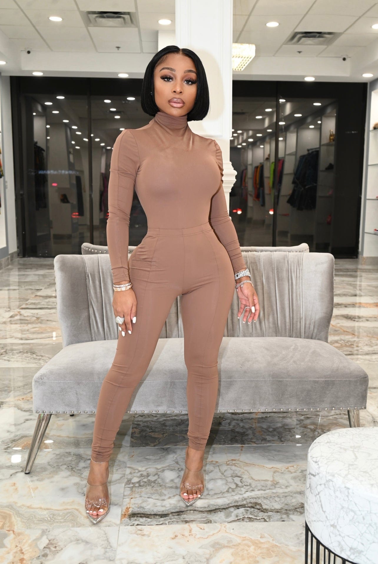 S / Apricot C1103TA67 Latest Casual Solid Color Stand Collar Bodysuit High Waist Pants 2 Piece Set Women Sehe Fashion
