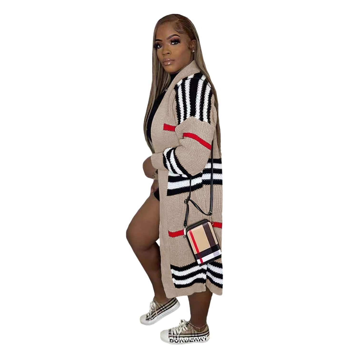 S / Apricot C1103TA90 Wholesale Autumn Contrast Color Striped Print Knitted Long Cardigans Women Sehe Fashion