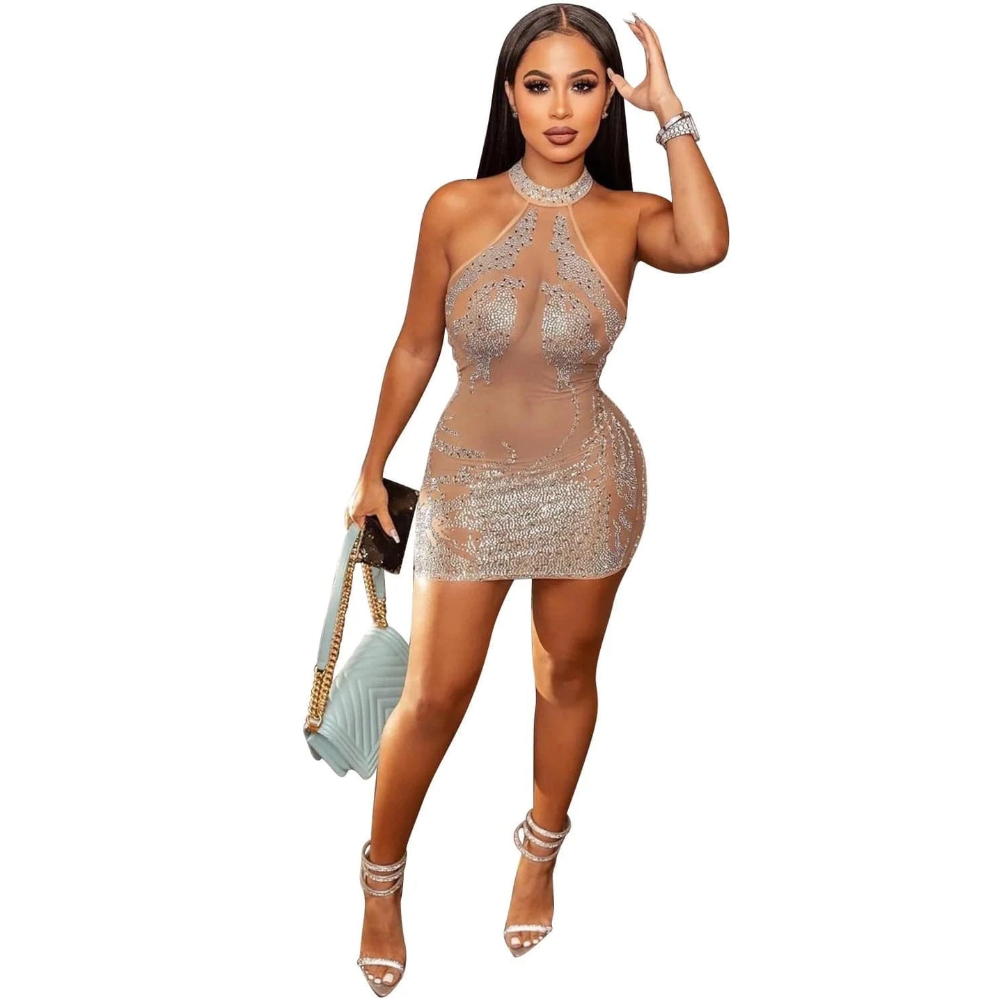 S / Apricot Liu Ming New 2024 Products Woman Sleeveless Mesh Solid Color Rhinestone O Neck Casual Bodycon Mini dress